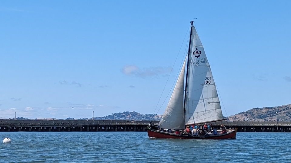 Sea Scout Ship Viking on the water and under sail in San Francisco Bay.